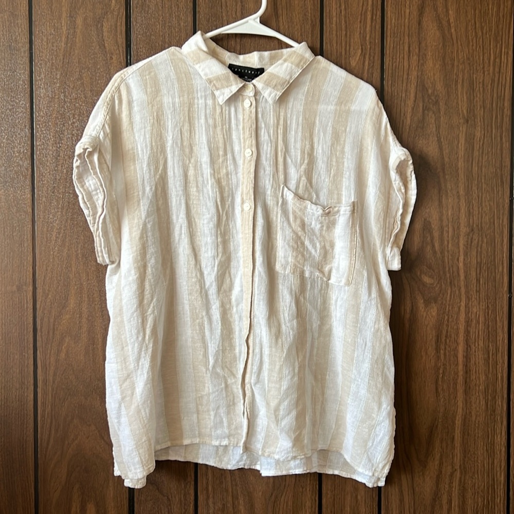 Sanctuary | Cream and White Linen Blend Striped Tee Shirt Women’s XL Lagenlook